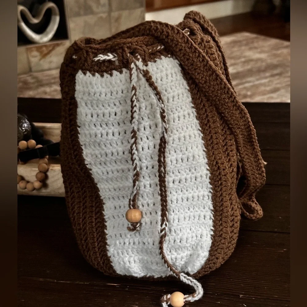 Handcrafted bohemian style hobo hand knit crochet bucket handbag tote purse